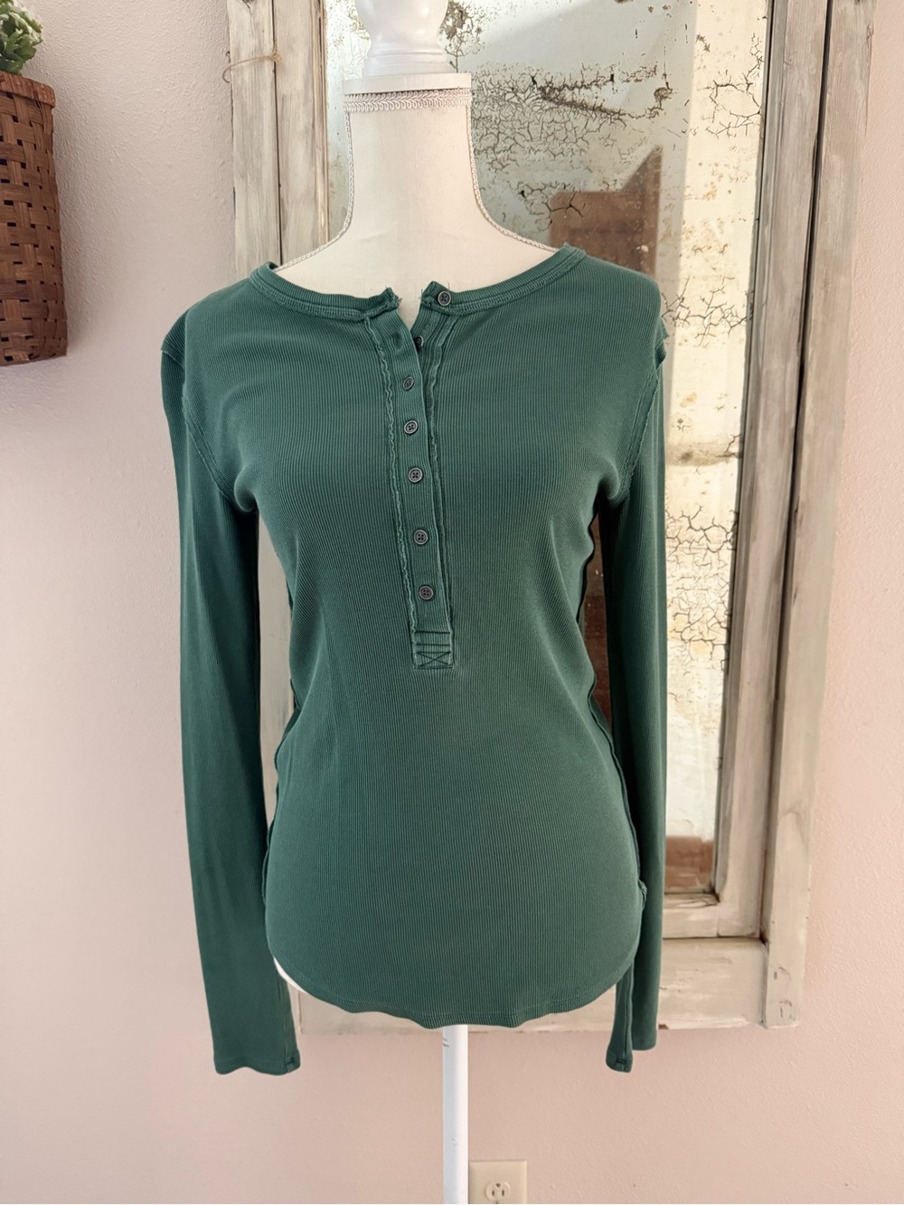 We The Free Forest Green Ribbed Henley Long Sleeve